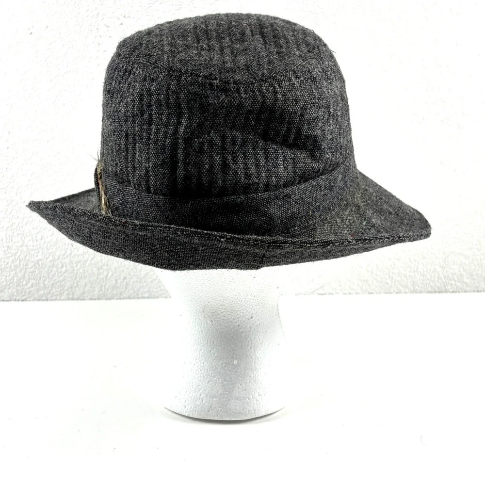 Vintage ACTWU Fedora Hat Mens Small Gray Tweed Union Made Feather Trim Excellent